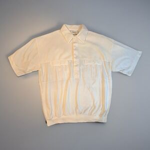 Vintage Cream Polo Shirt Mens Medium Ribbed Knit Short Sleeve Pullover